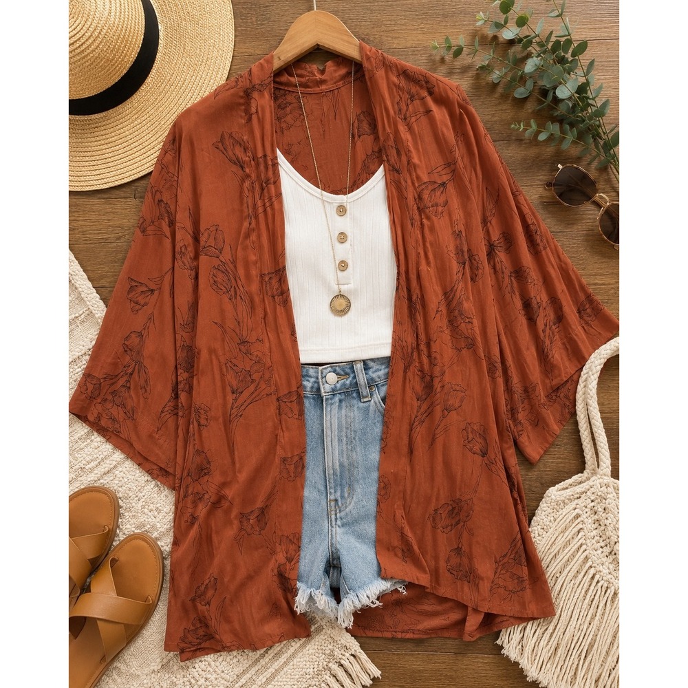 A New Day satin Floral open Kimono duster OSFM Rust Brown Boho western layering